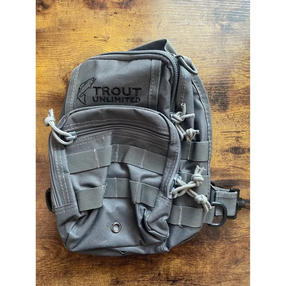 NWOT Trout Unlimited Tactical Sling Bag Gray Fly Fishing Pack Crossbody MOLLE